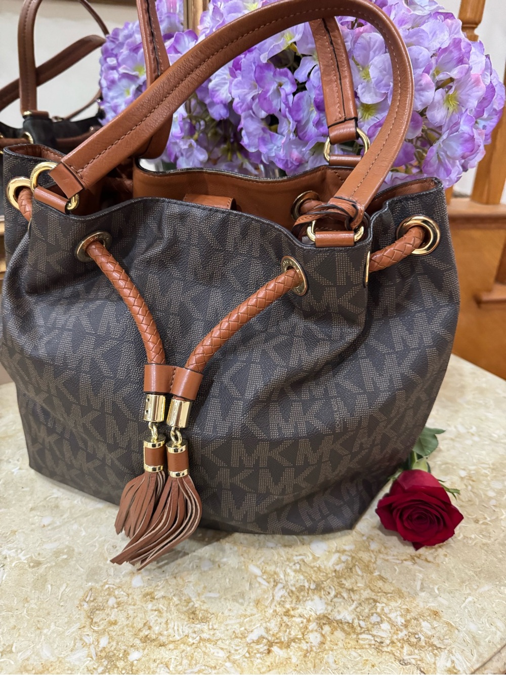 Michael Kors Brown MK Monogram Drawstring Shoulder Bag with Tan Trim